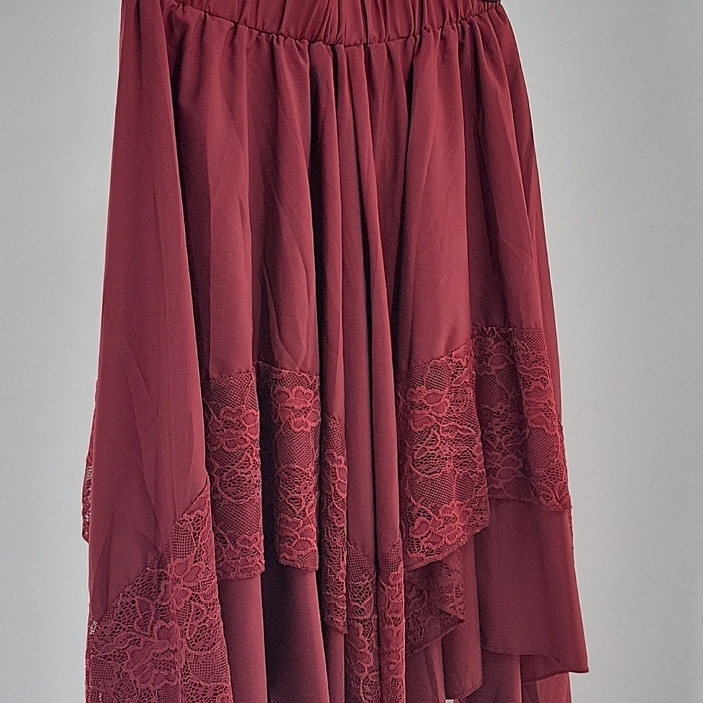 Burgundy Asymmetrical Hi Low Skirt With Lace Detail - Picture 12 of 16